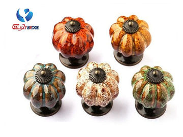 Colorful Pumpken Shape Ceramic Cupboard Door Knobs Porcelain Antique Bronze Crack Marble Pattern Knobs